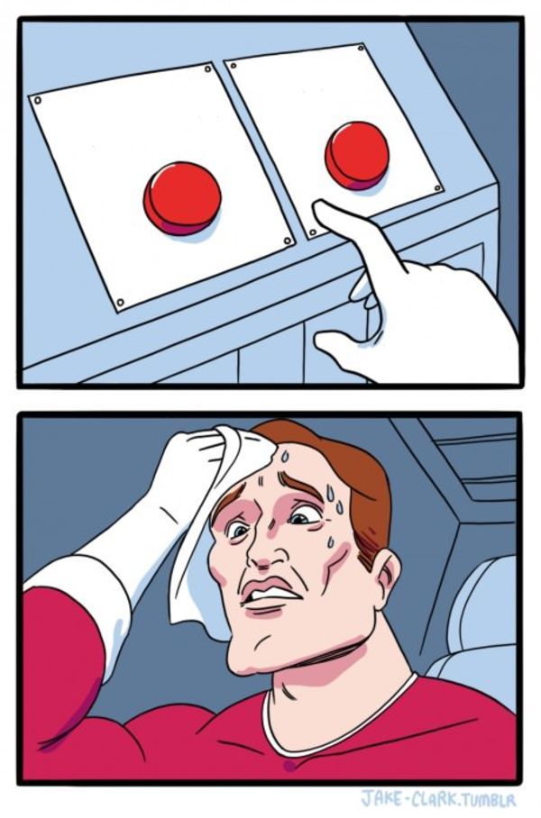 Two Buttons meme about WMP Eyewear
