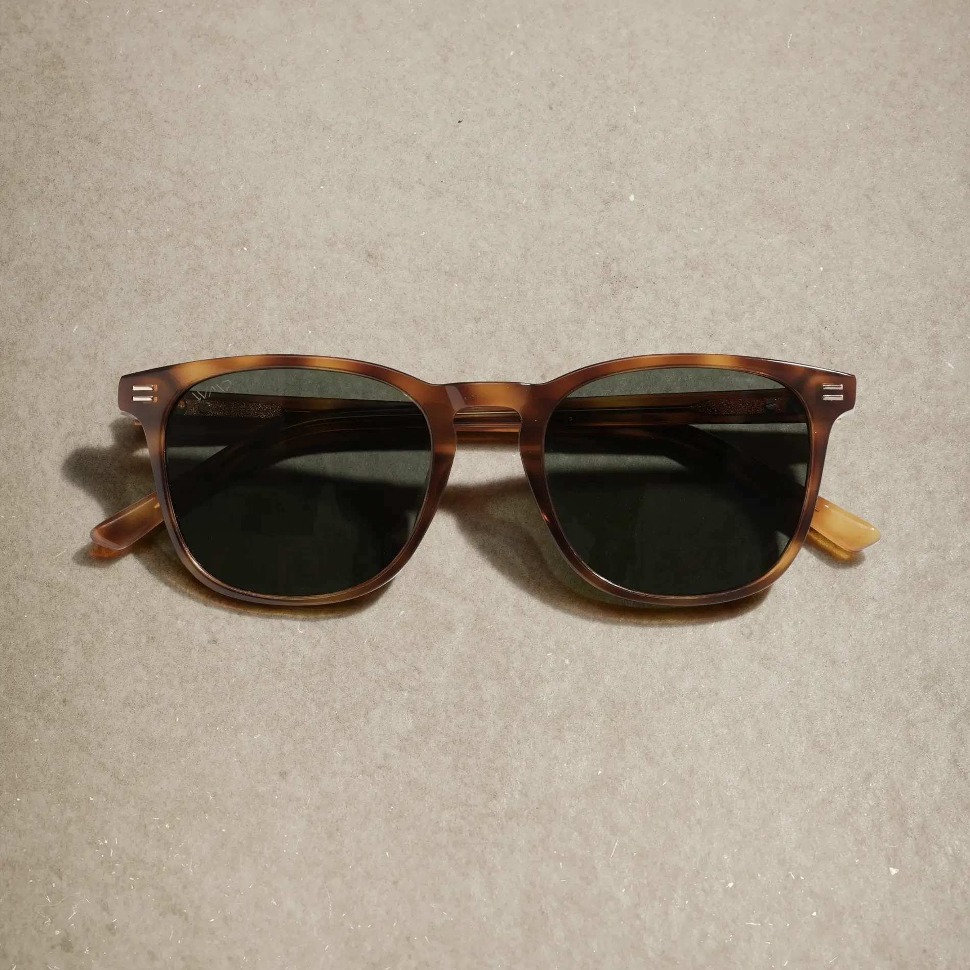 Nick sunglasses in Saddlewood Tortoise with dark green lenses, shown from the front on a neutral stone surface in warm sunlight.