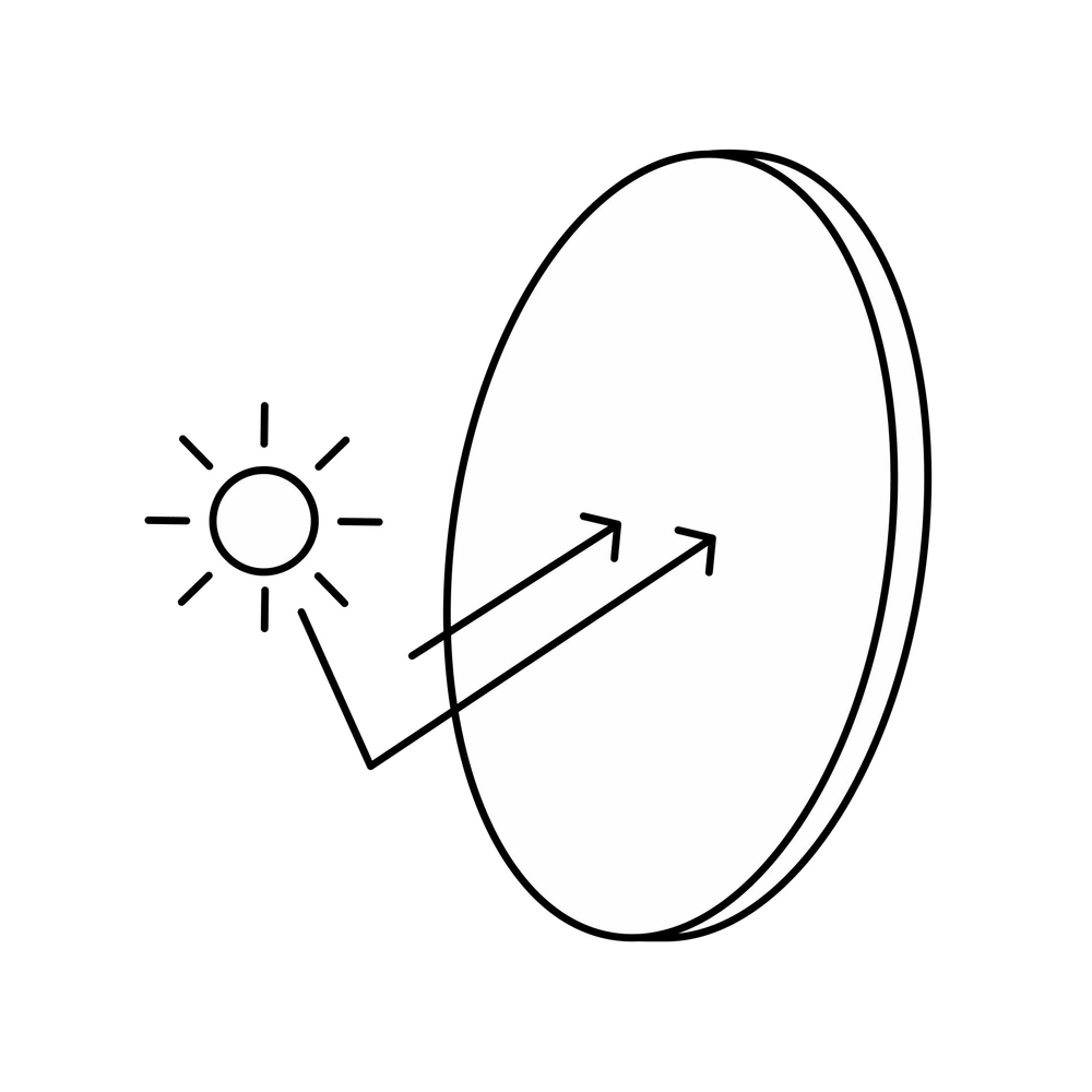 Line art icon of a lens deflecting sun rays, representing polarized lenses