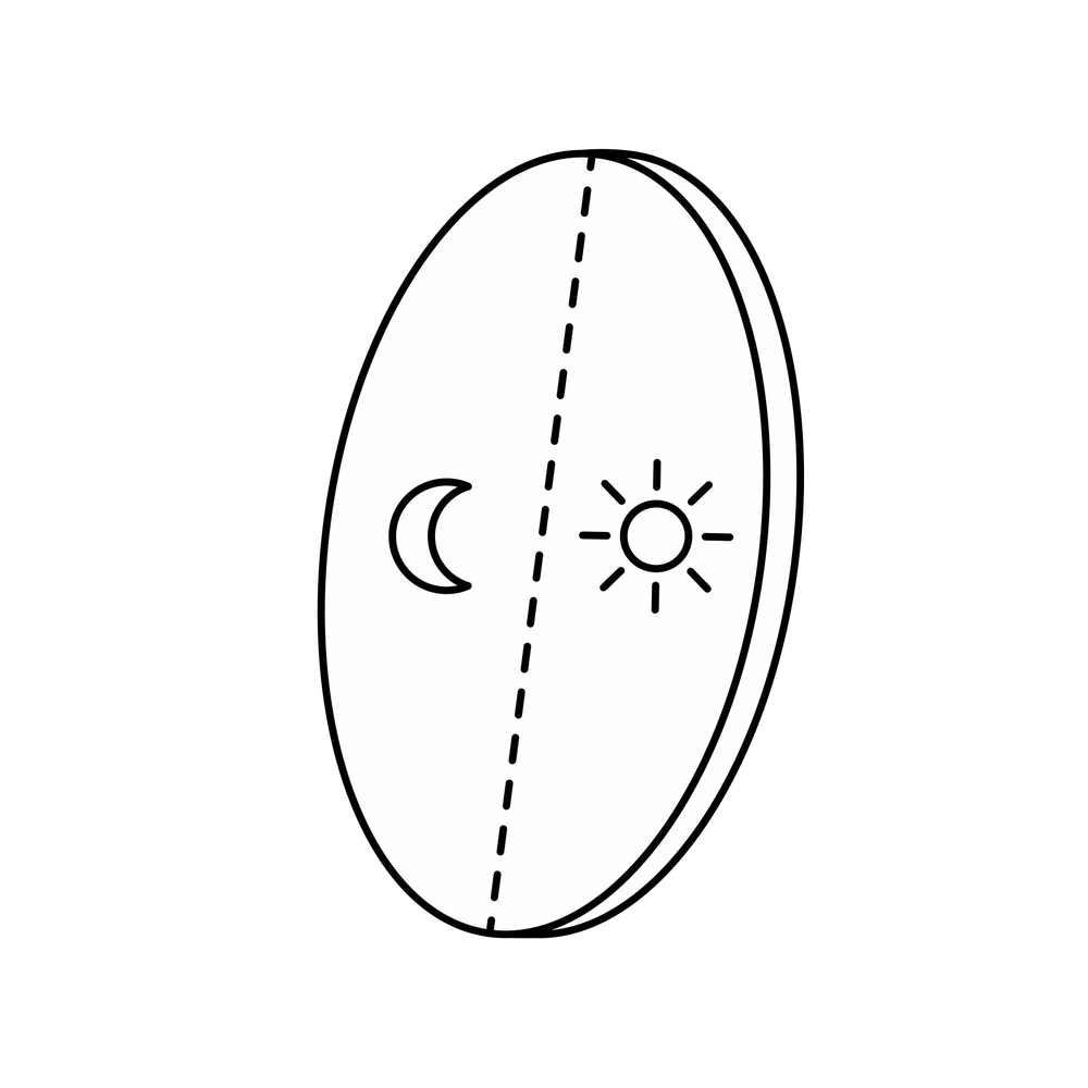 Line art icon of a lens split between moon and sun, representing photochromic lenses