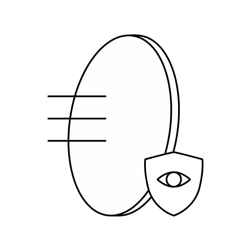 Line art icon of a lens with a shield and an eye, representing blue-light filtering